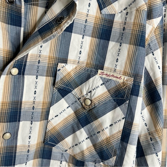 Lucky Brand Men Large Pearl Snap Western Long Sleeve Gray Tan Flannel Shirt U - Picture 3 of 8